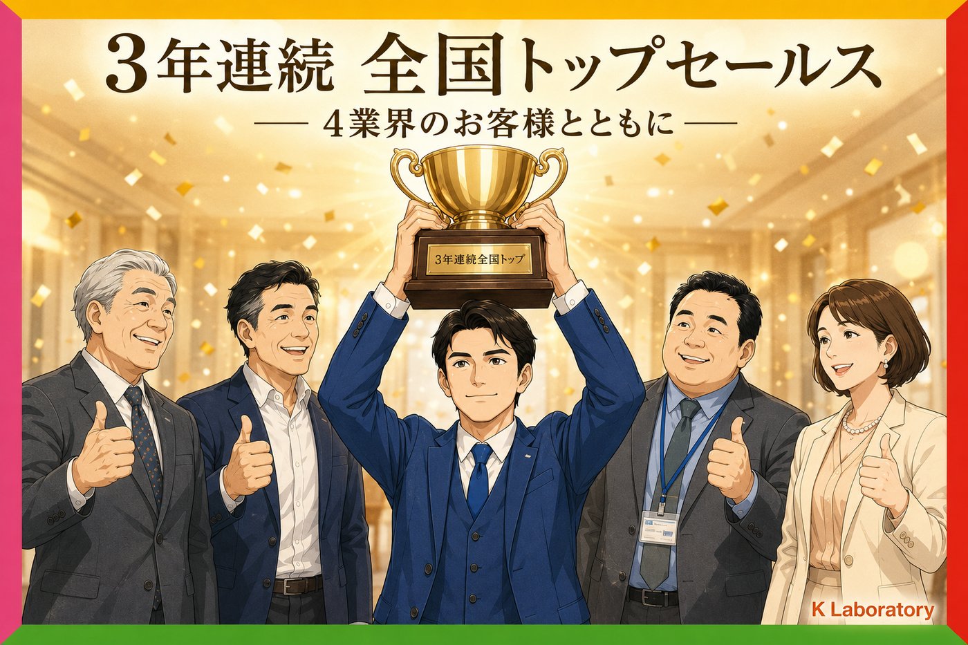 3 年連続全国トップセールスのクライマックス：若手代表がトロフィーを掲げ、4 業界のお客様（建設社長・飲食店長・ホームセンター本部バイヤー・コスメブランドバイヤー）全員がサムズアップで支持を示す祝祭の場面