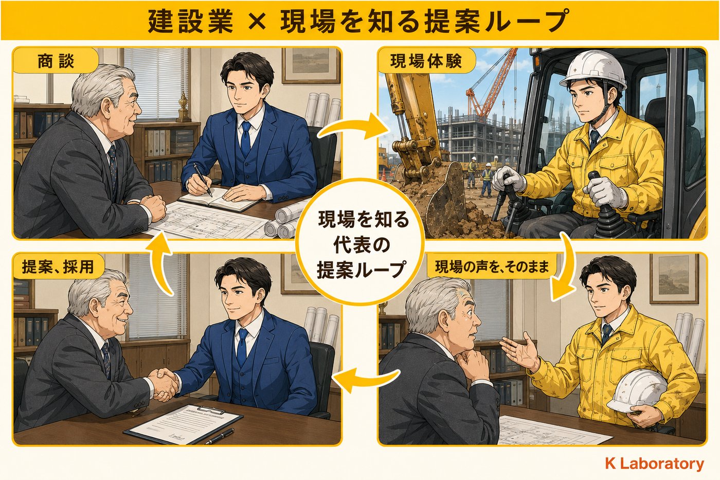 建設業のループ：スーツ姿で社長と商談 → 作業着でショベルカーを実際に操作 → 作業着のまま社長室で現場の声をフィードバック → 提案採用・契約成立