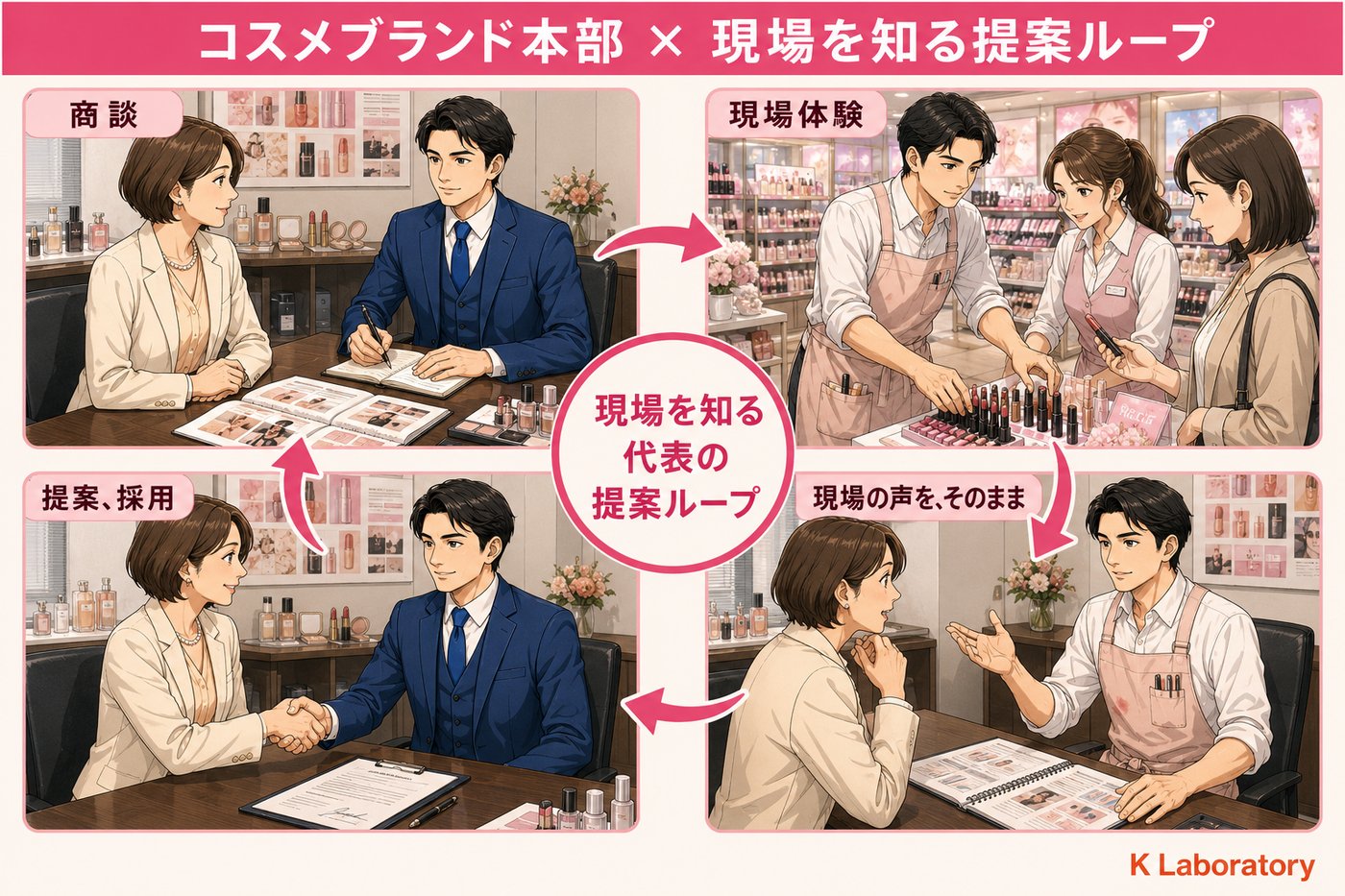 コスメブランド本部のループ：スーツ姿で女性ブランドバイヤーと商談 → 店舗エプロンでコスメ売場で実際にディスプレイ作業 → エプロンのままバイヤー室で現場の声をフィードバック → 提案採用・契約成立