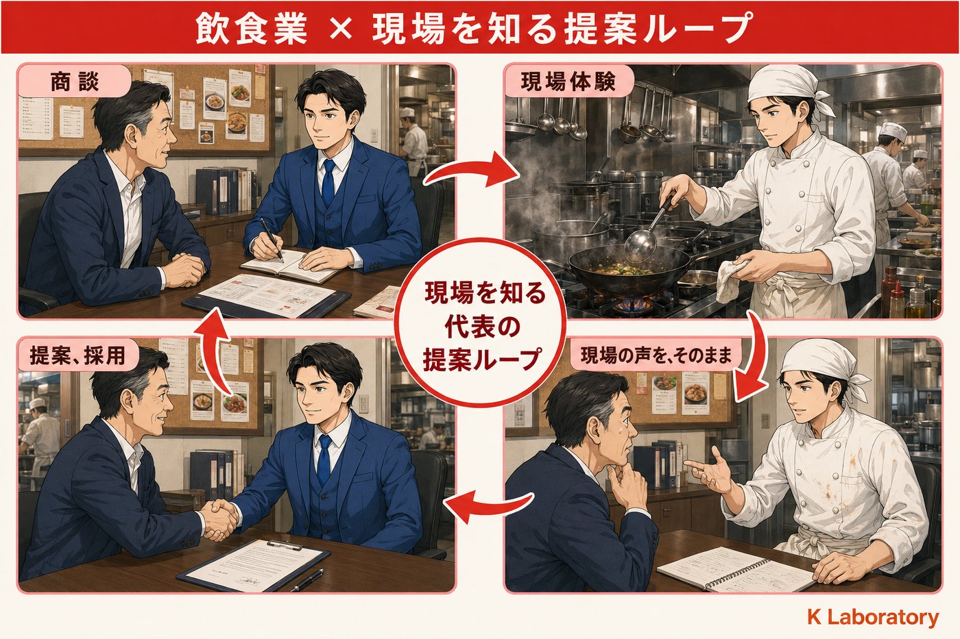 飲食業のループ：スーツ姿で店長と商談 → コックコートで厨房で実際に料理 → コックコートのまま店長室で現場の声をフィードバック → 提案採用・契約成立
