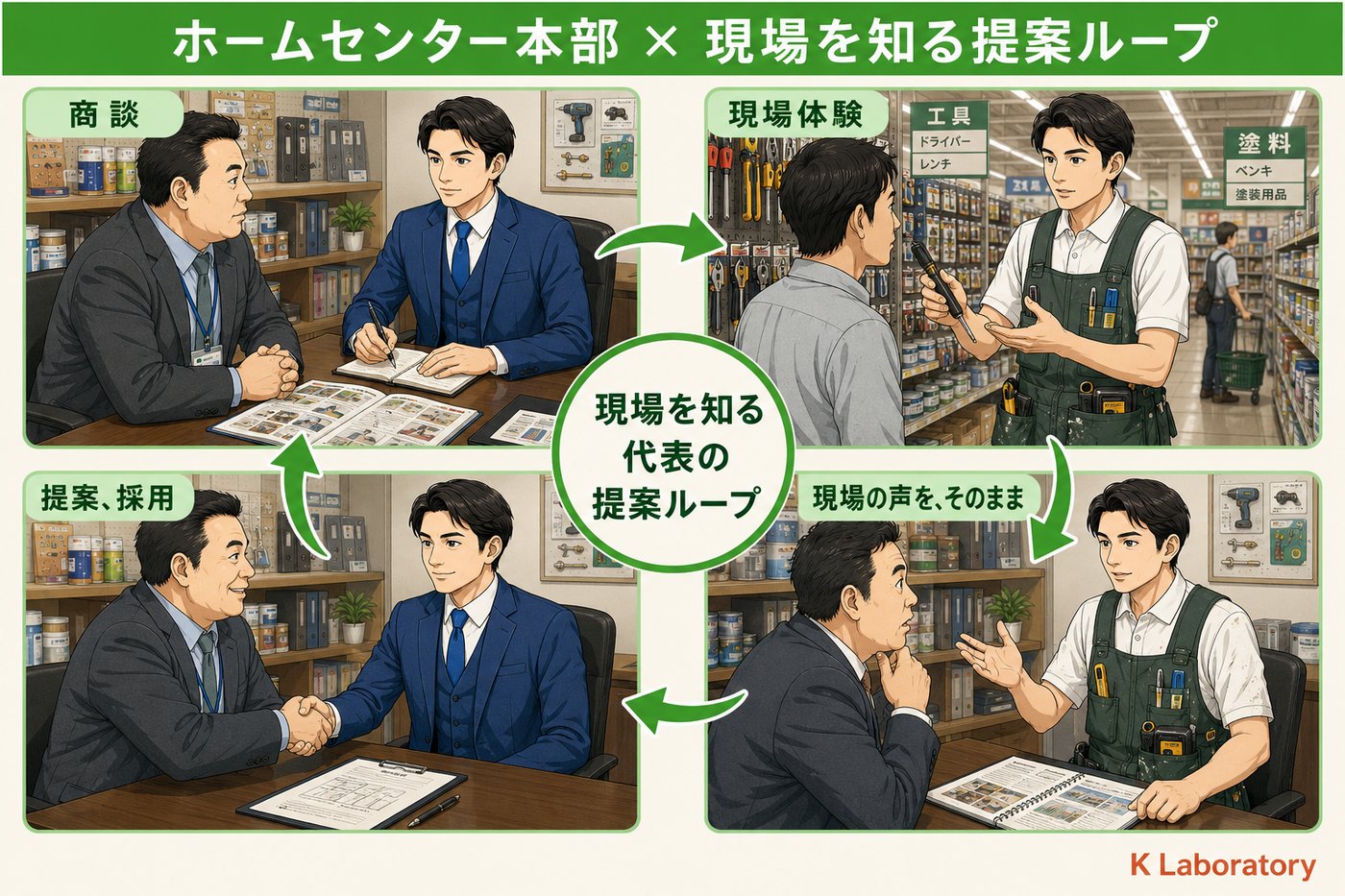 ホームセンター本部のループ：スーツ姿で本部バイヤーと商談 → 店舗エプロンで店頭で接客販売 → エプロンのまま本部バイヤー室で現場の声をフィードバック → 提案採用・契約成立