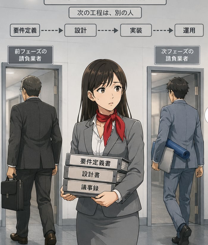 通常の IT エージェント：工程ごとに別の請負業者と契約。前のフェーズ担当者は退出し、次のフェーズ担当者が着任、クライアント担当者は引き継ぎ書類を抱えて板挟みになる