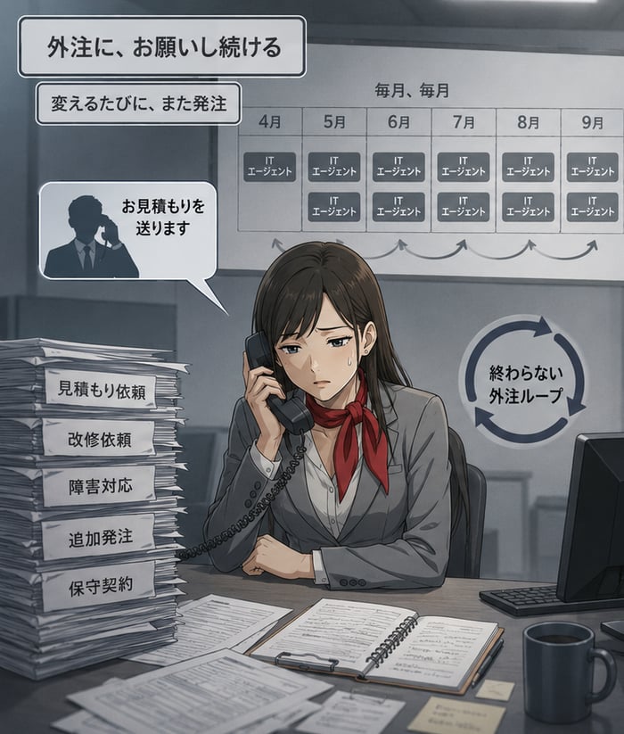 通常の IT エージェント：クライアント担当者が自社デスクで電話片手に発注を繰り返し、見積もり依頼・改修依頼・障害対応・追加発注・保守契約の書類が山積みになる外注依存ループ
