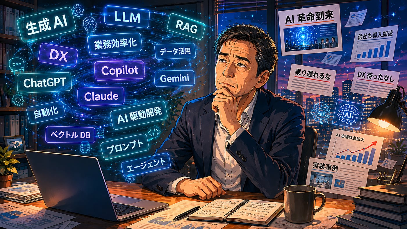 AI 関連の用語（生成 AI / LLM / RAG / DX / ChatGPT / Copilot / Gemini など）とニュース見出し（AI 革命到来、乗り遅れるな、DX 待ったなし）に取り囲まれ、デスクで思案する中小企業の経営者。情報の海の中で、何から手を付けるべきか考え込んでいる